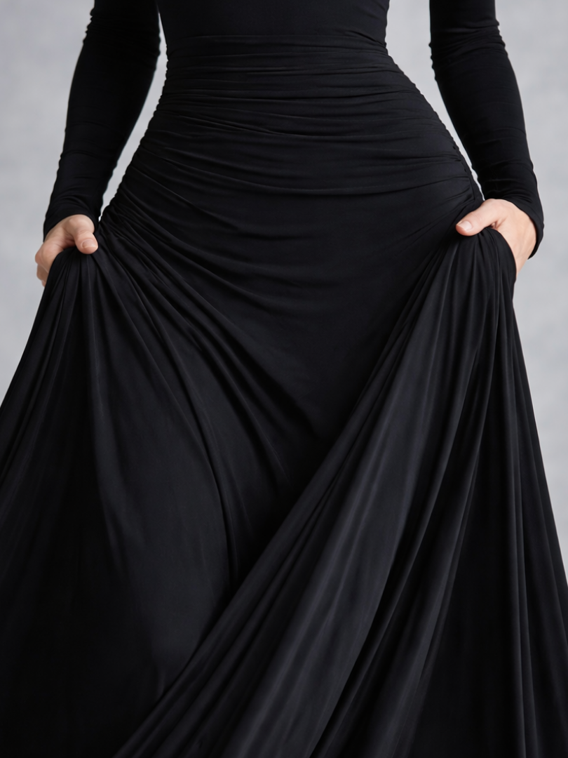 Elegant Black Cocktail Dress for Women with Off Shoulder Long Sleeve Ruched Waist Flowing Style