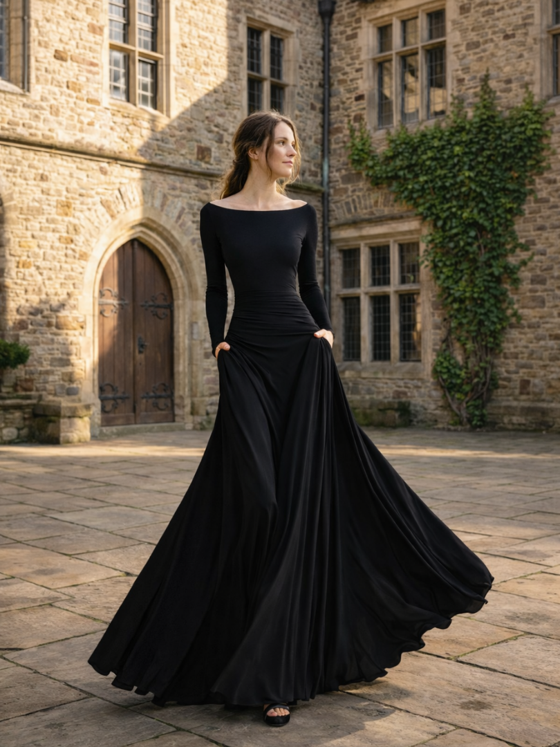 Elegant Black Cocktail Dress for Women with Off Shoulder Long Sleeve Ruched Waist Flowing Style