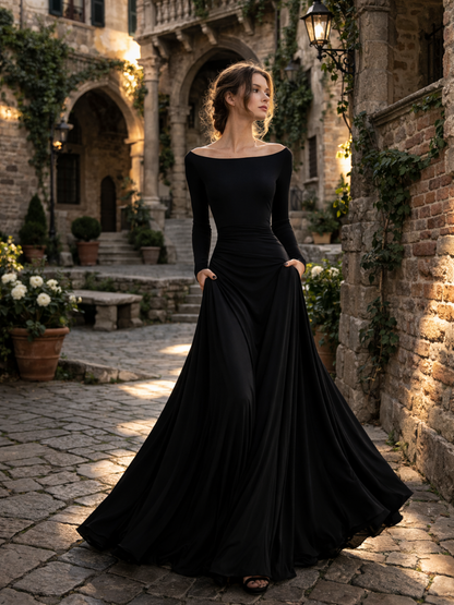 Elegant Black Cocktail Dress for Women with Off Shoulder Long Sleeve Ruched Waist Flowing Style