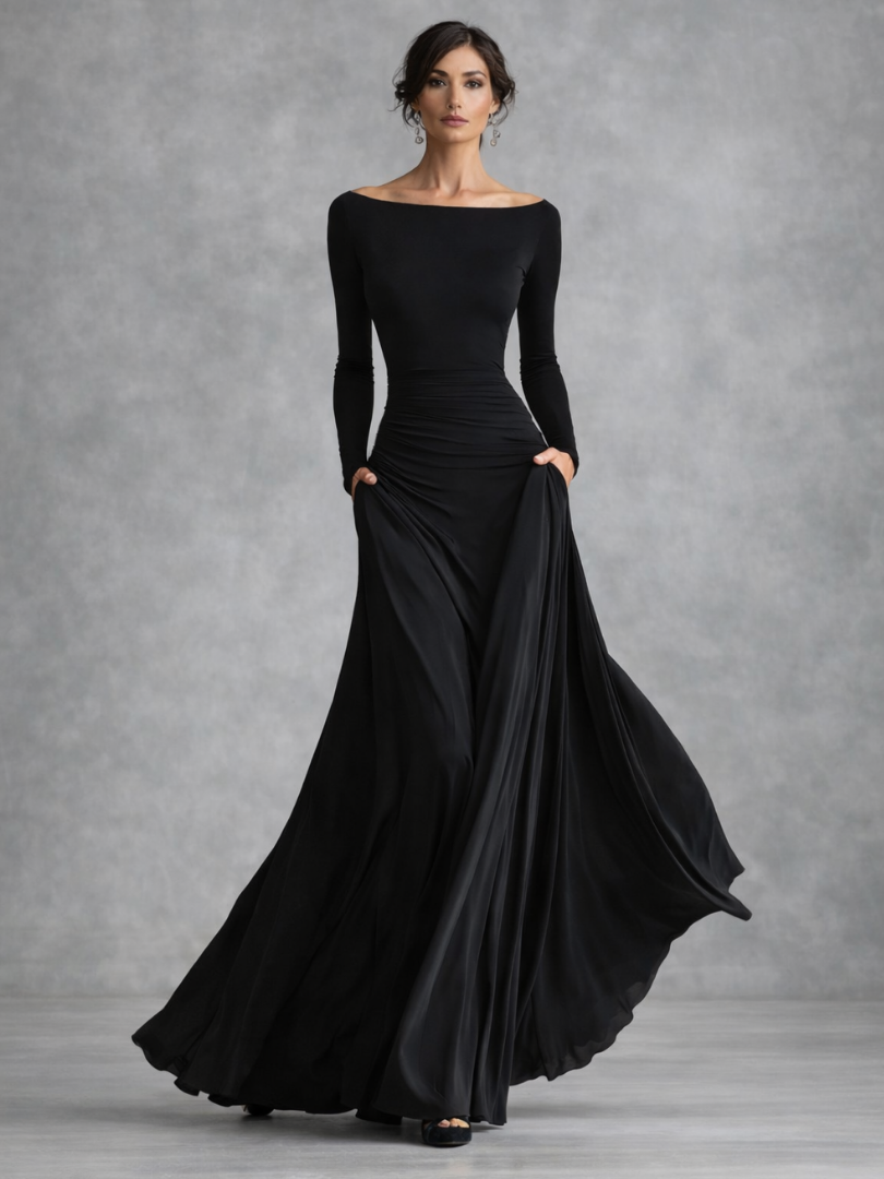Elegant Black Cocktail Dress for Women with Off Shoulder Long Sleeve Ruched Waist Flowing Style