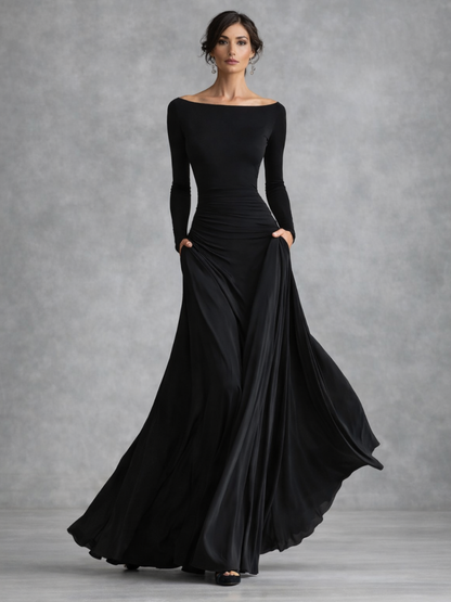 Elegant Black Cocktail Dress for Women with Off Shoulder Long Sleeve Ruched Waist Flowing Style