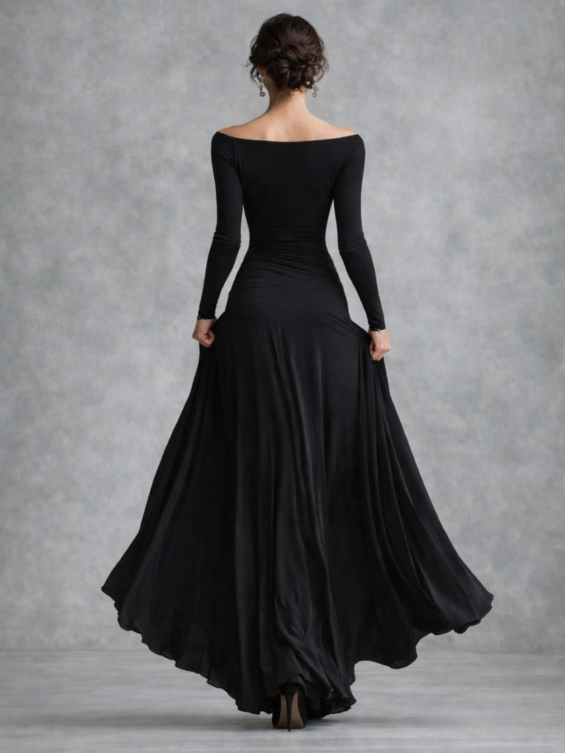 Elegant Black Cocktail Dress for Women with Off Shoulder Long Sleeve Ruched Waist Flowing Style