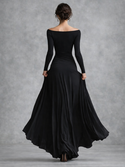 Elegant Black Cocktail Dress for Women with Off Shoulder Long Sleeve Ruched Waist Flowing Style