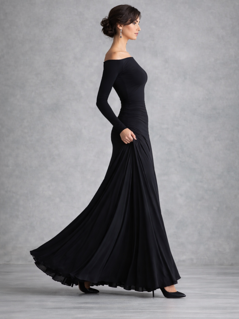 Elegant Black Cocktail Dress for Women with Off Shoulder Long Sleeve Ruched Waist Flowing Style