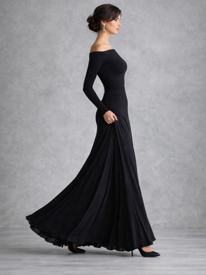 Elegant Black Cocktail Dress for Women with Off Shoulder Long Sleeve Ruched Waist Flowing Style