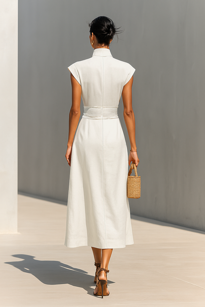 Elegant Beige Maxi Dress for Women with Stand Collar Cap Sleeve Belted Waist Draped Cotton Casual Style