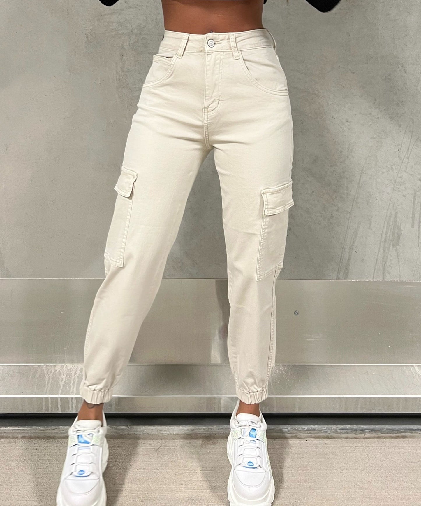 Effortless Cream Cargo Pants for Women with High Waist Tapered Jogger Relaxed Style