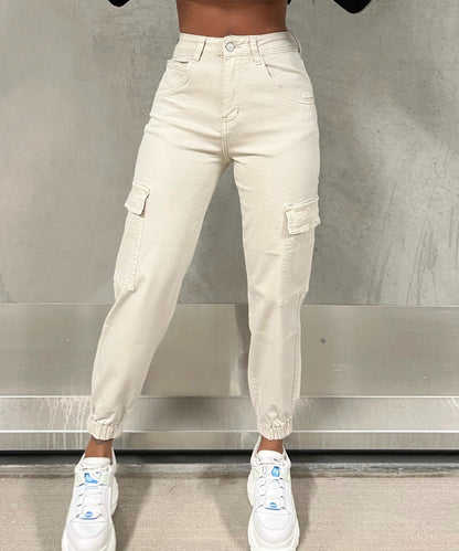 Effortless Cream Cargo Pants for Women with High Waist Tapered Jogger Relaxed Style