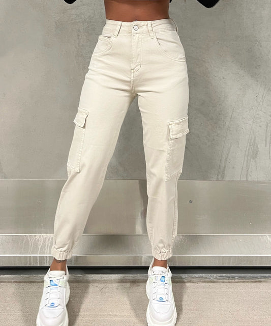 Effortless Cream Cargo Pants for Women with High Waist Tapered Jogger Relaxed Style