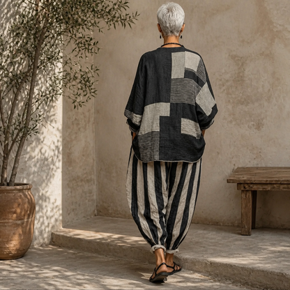 Effortless Black Multi Stripe Wide Leg Set for Women with Round Neck Long Sleeve Patchwork Relaxed Fall Style