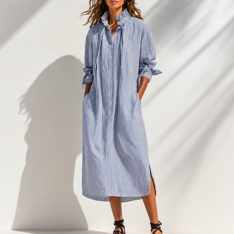 Effortless Blue Striped Shirt Dress for Women with Ruffle Tie Neck Long Sleeve Ruched Cuff Fall Style