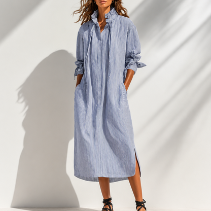 Effortless Blue Striped Shirt Dress for Women with Ruffle Tie Neck Long Sleeve Ruched Cuff Fall Style