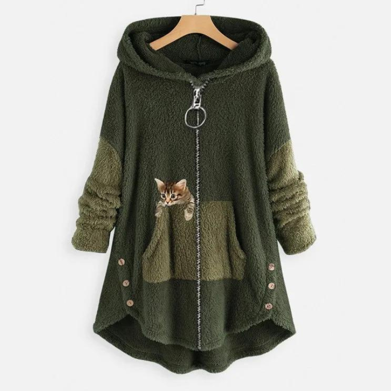 Comfortable Gray Fleece Hooded Jacket for Women with Zip Front Long Sleeve Cat Print High Low Casual Style