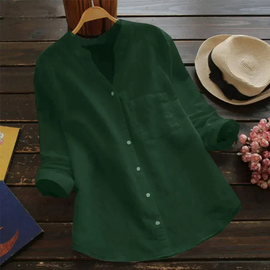 Effortless Linen Shirt for Women with Stand Collar Long Sleeve Button Front Relaxed Style