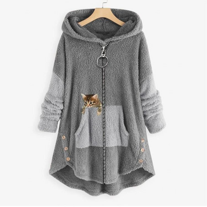 Comfortable Gray Fleece Hooded Jacket for Women with Zip Front Long Sleeve Cat Print High Low Casual Style
