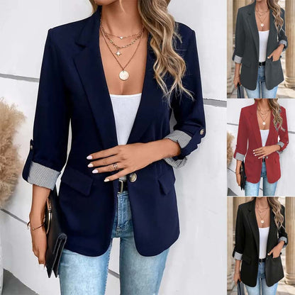 Elegant Open Front Blazer for Women with Notched Lapel Ruched Sleeve Relaxed Tailored Style