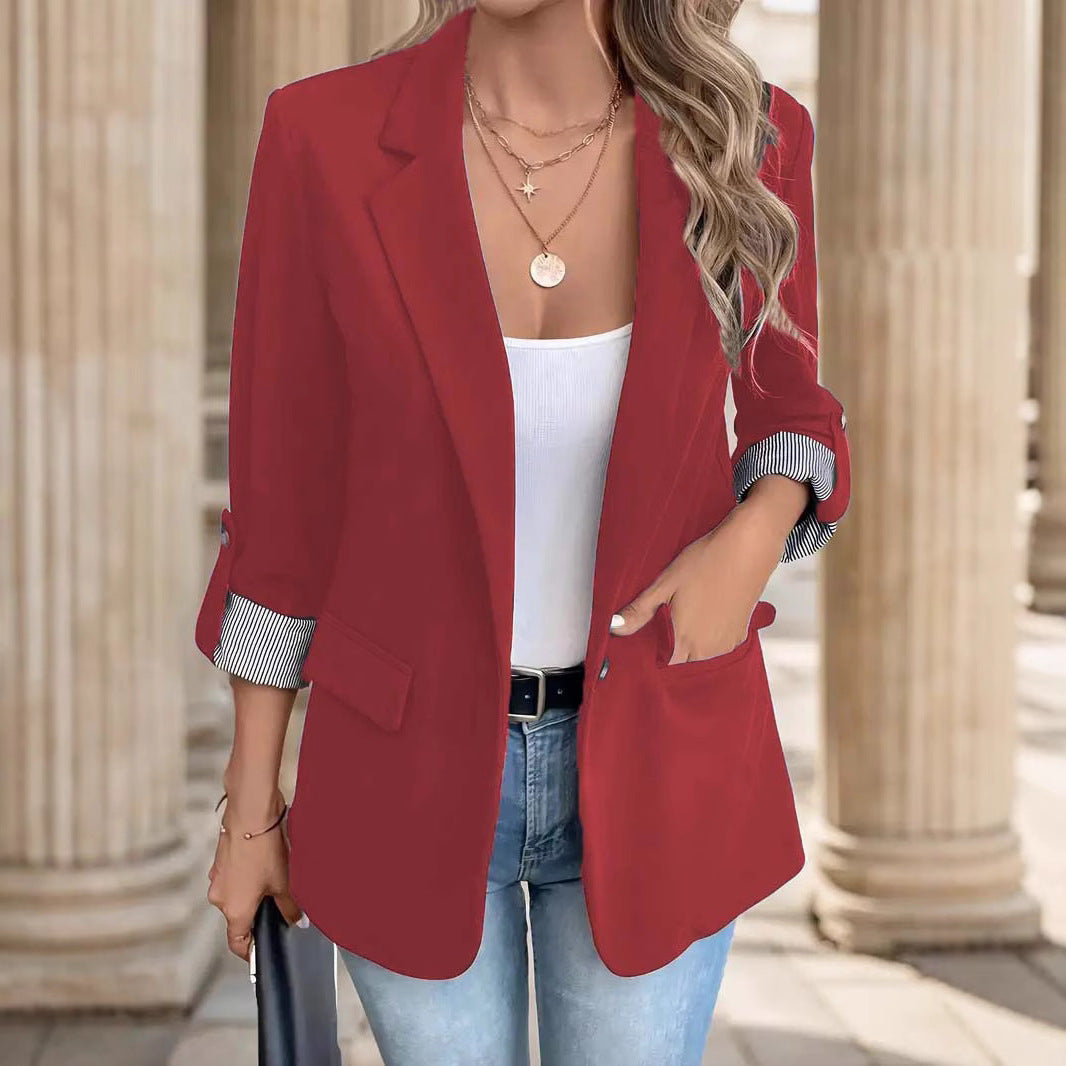 Elegant Open Front Blazer for Women with Notched Lapel Ruched Sleeve Relaxed Tailored Style