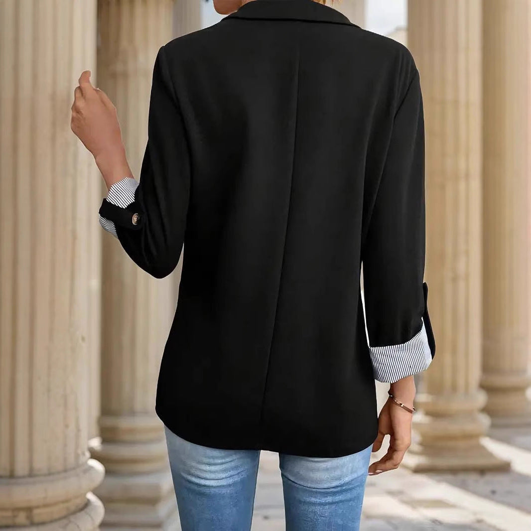 Elegant Open Front Blazer for Women with Notched Lapel Ruched Sleeve Relaxed Tailored Style