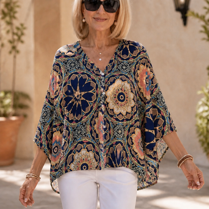 Effortless Mandala Print Poncho Blouse for Women with V Neck Batwing Sleeve Button Front Flowing Style