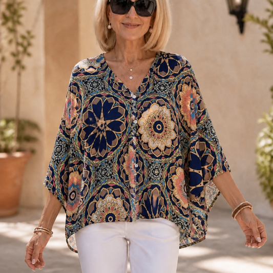 Effortless Mandala Print Poncho Blouse for Women with V Neck Batwing Sleeve Button Front Flowing Style