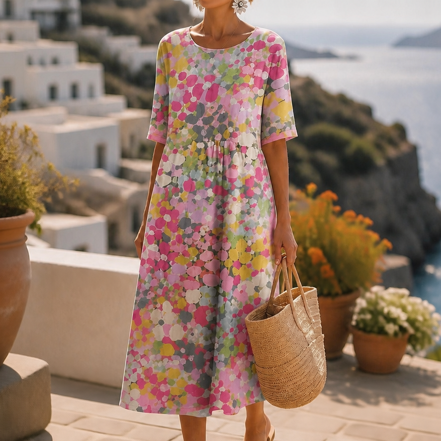 Effortless Confetti Print Midi Dress for Women with Round Neck Short Sleeve A Line Flowing Casual Style