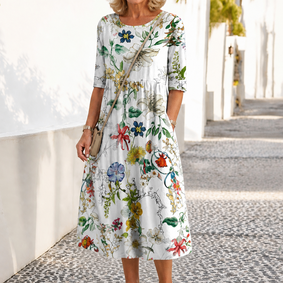 Effortless Floral Midi Dress for Women with Round Neck Elbow Sleeve Empire Waist Flowing Style