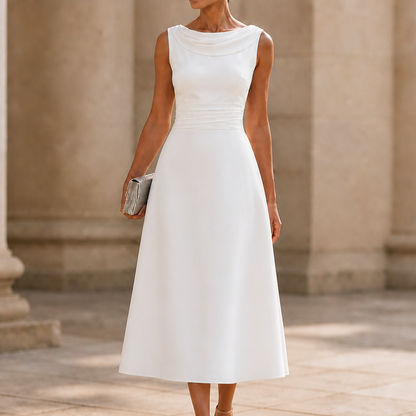 Elegant Draped Midi Dress for Women with Cowl Neck Sleeveless Pleated Waist Fall Wedding Guest Style
