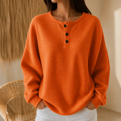 Comfortable Waffle Knit Henley Top for Women with Round Neck Long Sleeve Oversized Fall Style