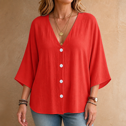 Effortless Crinkle Blouse for Women with V Neck Kimono Sleeve Button Front Relaxed Style