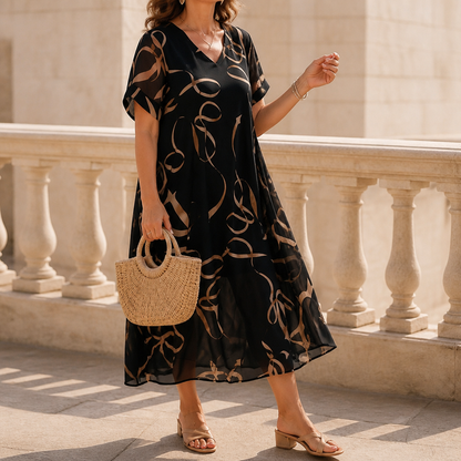 Elegant Black Ribbon Print Midi Dress for Women with V Neck Flutter Sleeve Sheer Hem Fall Flowing Style