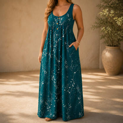 Effortless Floral Maxi Dress for Women with Scoop Neck Sleeveless Button Front Flowing Fall Style
