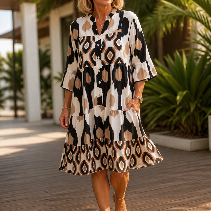 Effortless Ikat Print Tiered Shirt Dress for Women with V Neck Bell Sleeve Button Front Fall Style