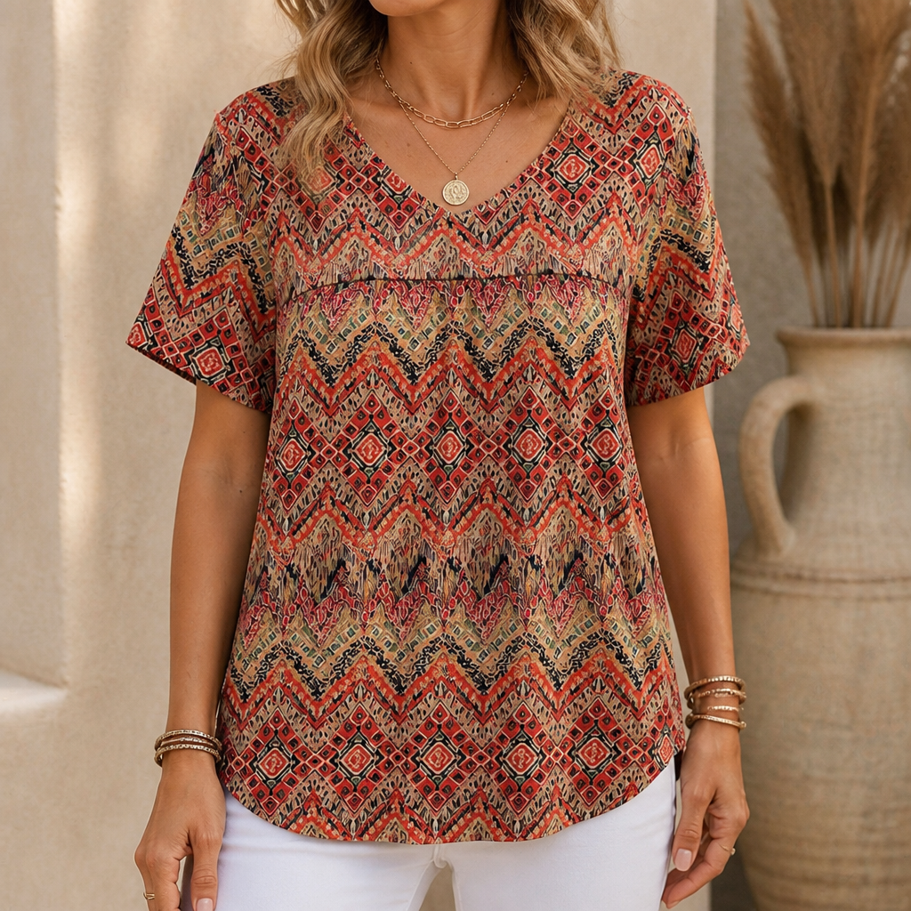 Effortless Boho Print Blouse for Women with V Neck Flutter Sleeve Relaxed Fall Style