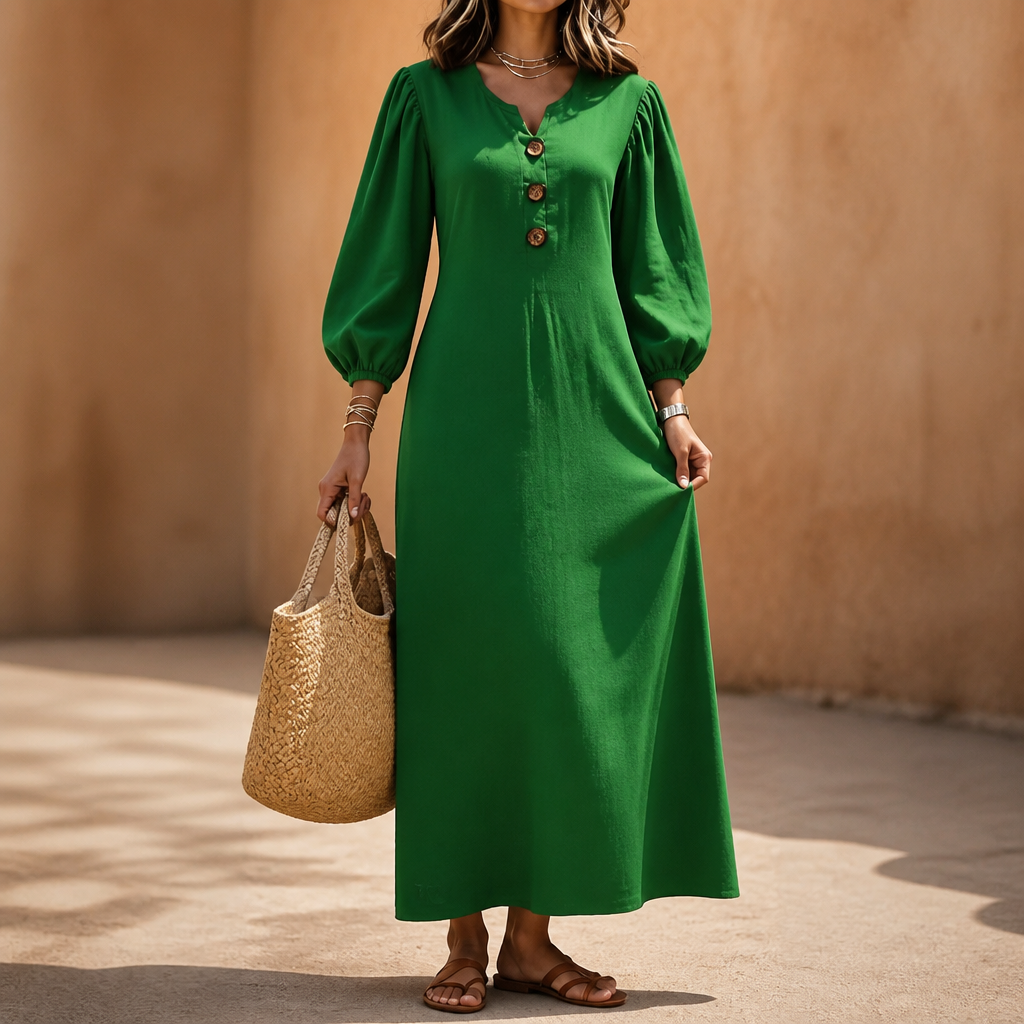 Effortless Button Front Maxi Dress for Women with Notched Neck Bishop Sleeve Flowing Fall Style