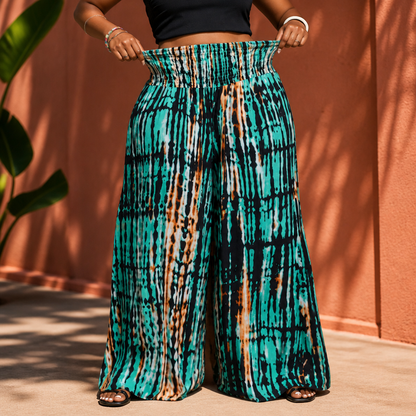Effortless Tie Dye Wide Leg Pants for Women with Smocked High Waist Relaxed Bohemian Style
