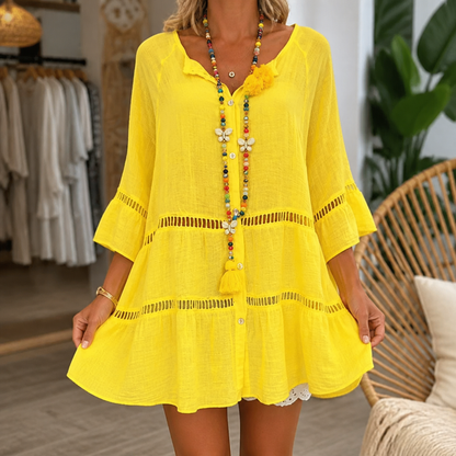 Effortless Crochet Trim Linen Mini Dress for Women with V Neck Bell Sleeve Button Front Boho Style