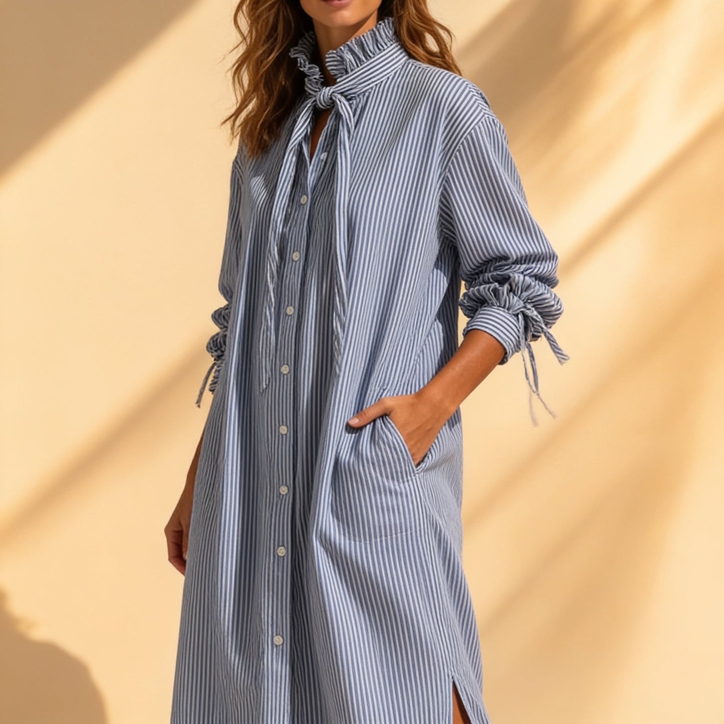 Effortless Blue Striped Shirt Dress for Women with Ruffle Tie Neck Long Sleeve Ruched Cuff Fall Style