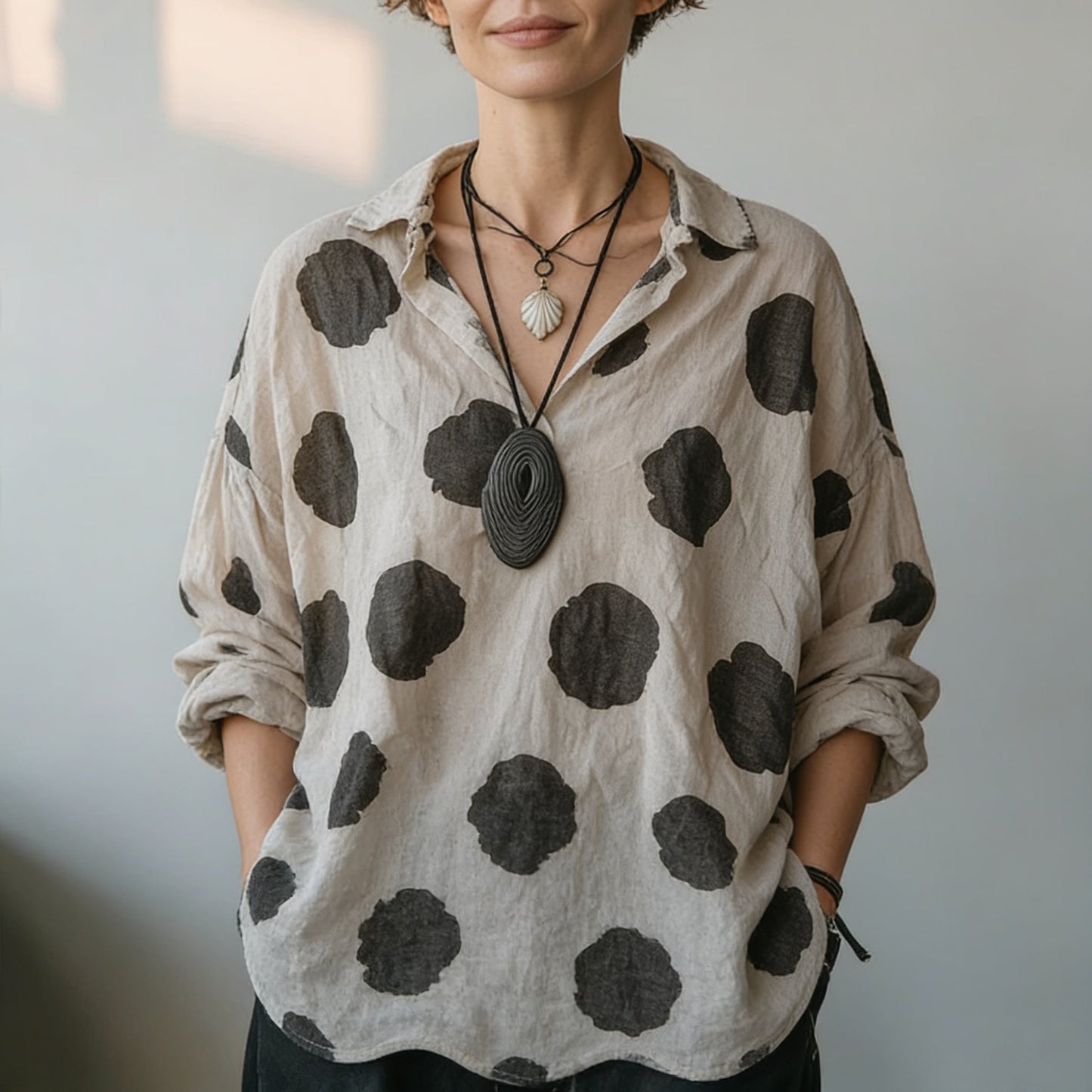 Comfortable Black Polka Dot Linen Blouse for Women with Collar Long Sleeve Oversized Fall Style