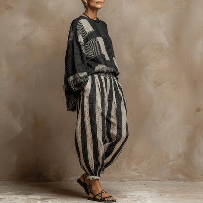 Effortless Black Multi Stripe Wide Leg Set for Women with Round Neck Long Sleeve Patchwork Relaxed Fall Style