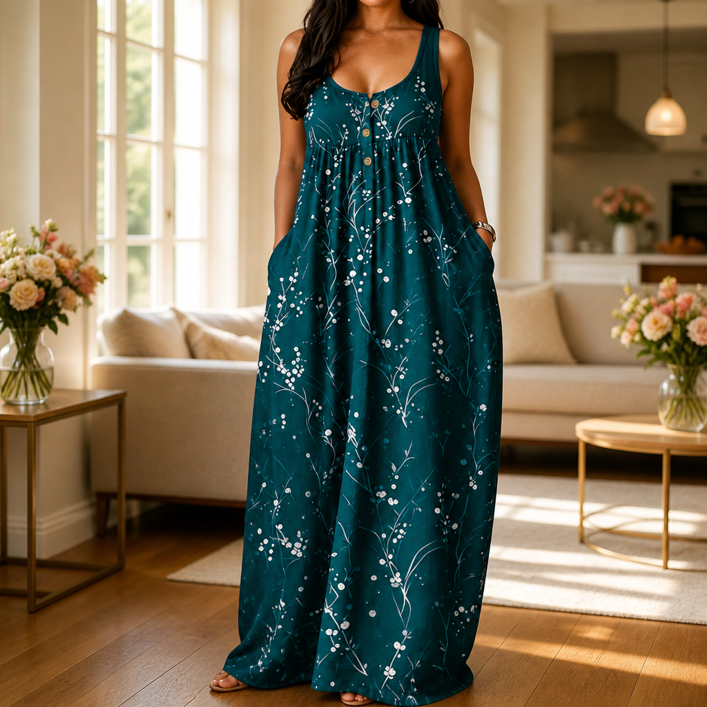 Effortless Plus Size Floral Maxi Dress for Women with Scoop Neck Sleeveless Button Front Autumn Style