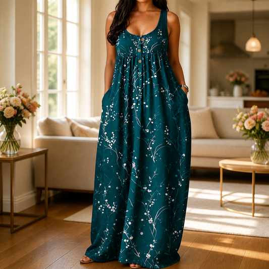 Effortless Plus Size Floral Maxi Dress for Women with Scoop Neck Sleeveless Button Front Autumn Style