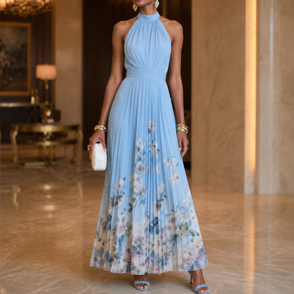 Elegant Blue Floral Maxi Dress for Women with Halter Neck Sleeveless Pleated Flowing Fall Wedding Guest Style