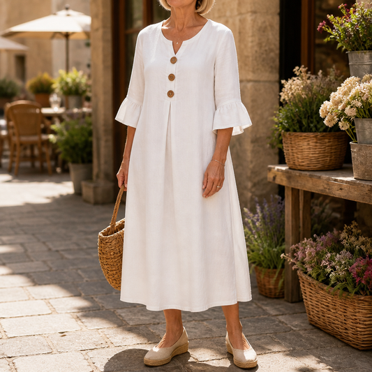 Effortless Linen Midi Dress for Women with Round Neck Bell Sleeve Button Front Relaxed Style