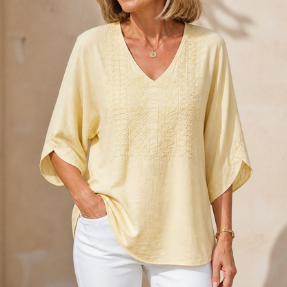 Effortless Embroidered Linen Blouse for Women with V Neck Batwing Sleeve Relaxed Tunic Style