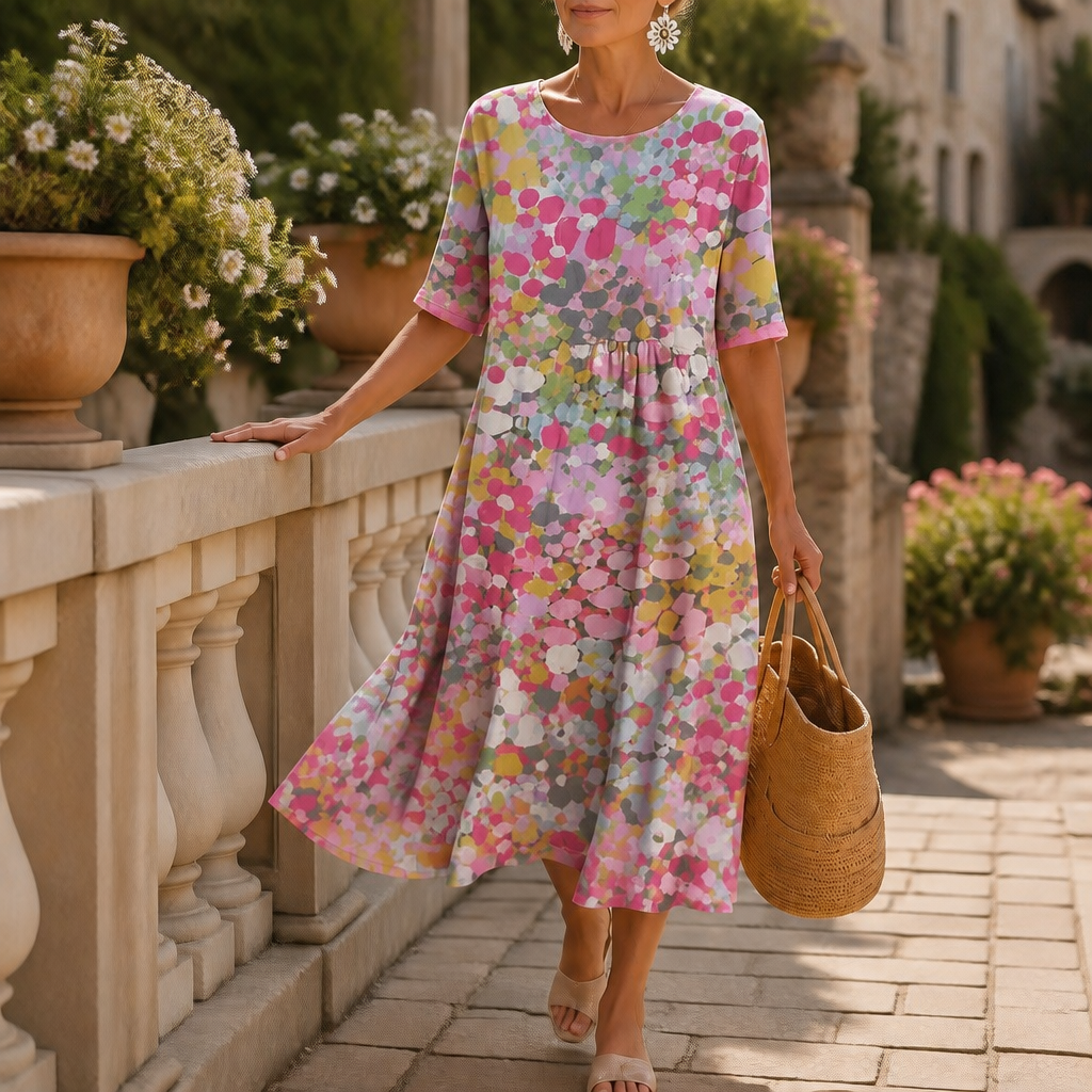 Effortless Confetti Print Midi Dress for Women with Round Neck Short Sleeve A Line Flowing Casual Style