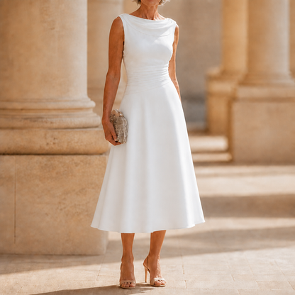 Elegant Draped Midi Dress for Women with Cowl Neck Sleeveless Pleated Waist Fall Wedding Guest Style