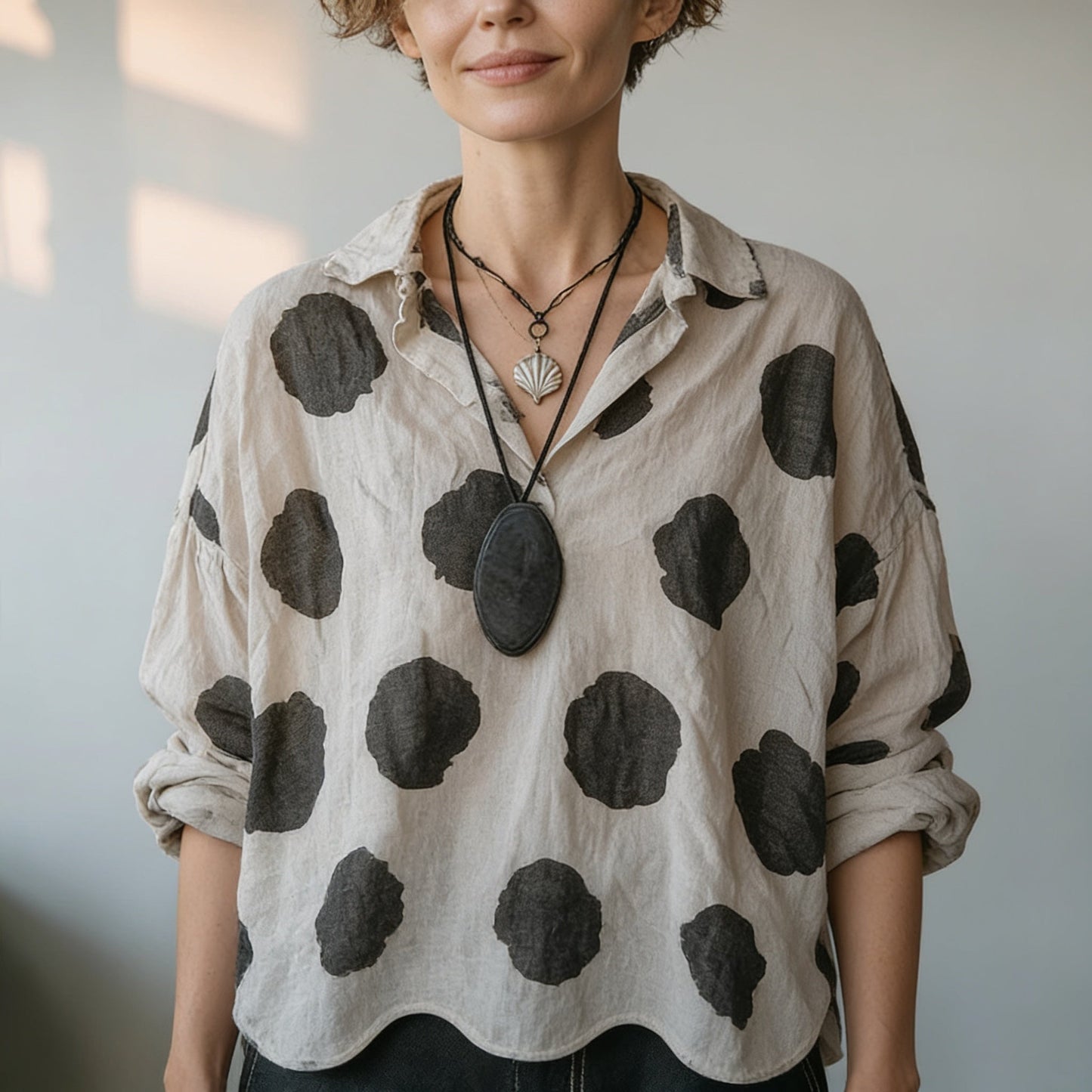 Comfortable Black Polka Dot Linen Blouse for Women with Collar Long Sleeve Oversized Fall Style
