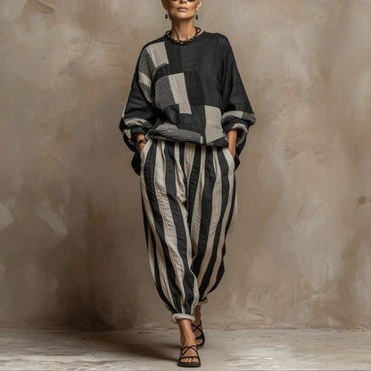 Effortless Black Multi Stripe Wide Leg Set for Women with Round Neck Long Sleeve Patchwork Relaxed Fall Style