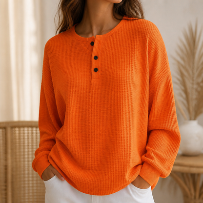 Comfortable Waffle Knit Henley Top for Women with Round Neck Long Sleeve Oversized Fall Style