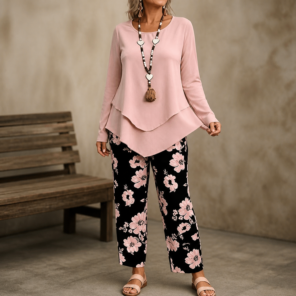 Effortless Floral Wide Leg Set for Women with Round Neck Long Sleeve Layered Hem Two Piece Style